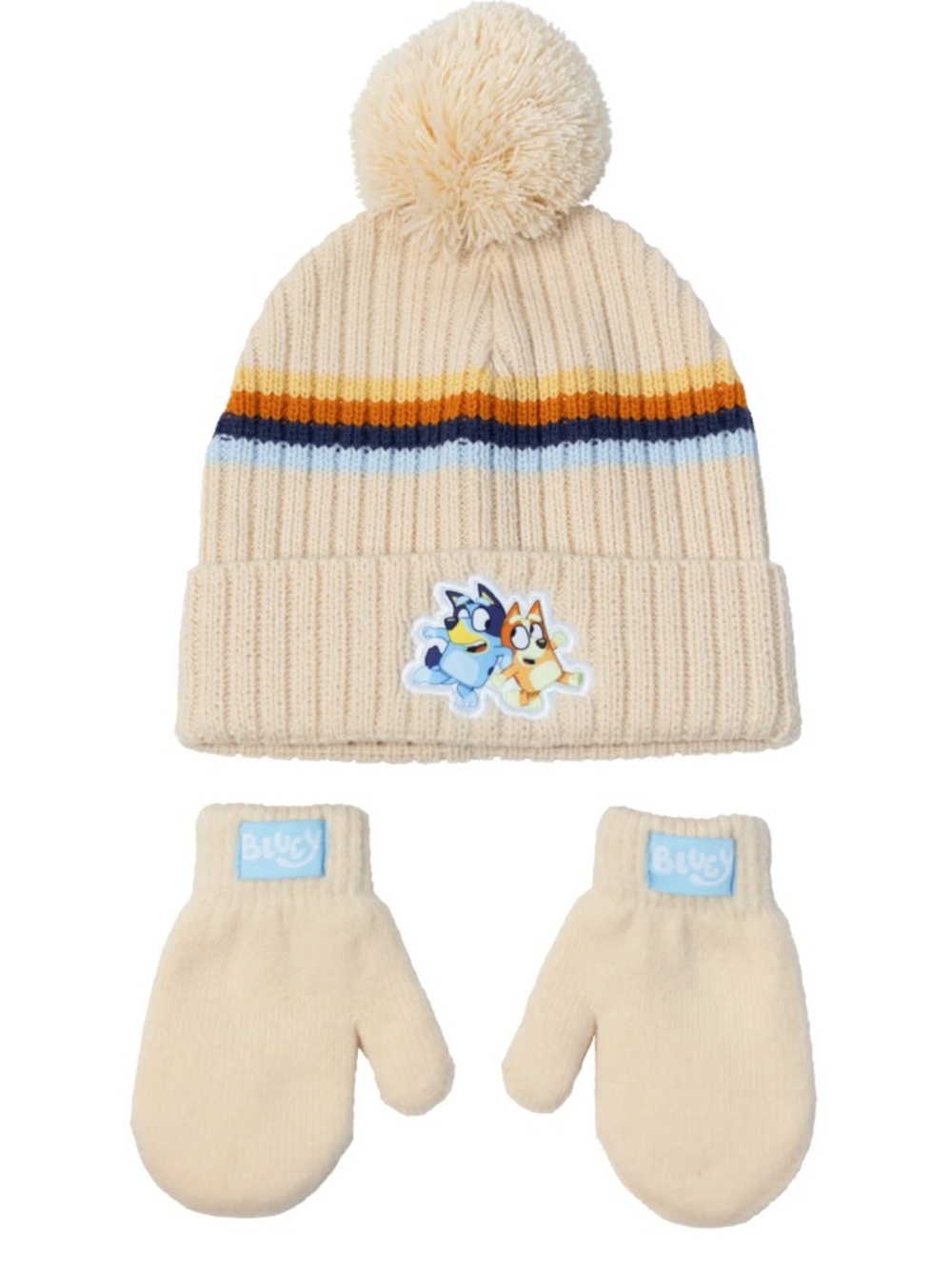 Cream Pom Beanie and Mittens Set for Kids